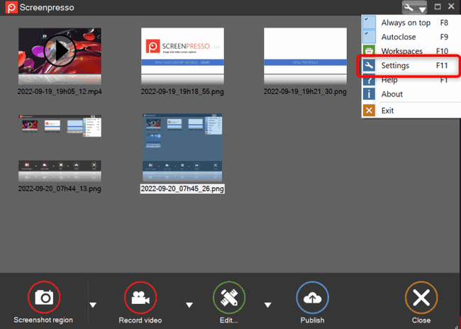Screenshot of Screenpresso settings menu